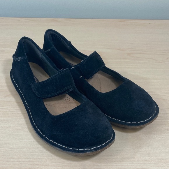 Clarks Black Suede Flats with Mary Jane Strap - Picture 1 of 9